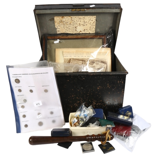 875 - Deed box, truncheon, Second World War ephemera, British pre-decimal coinage including commemorative,... 