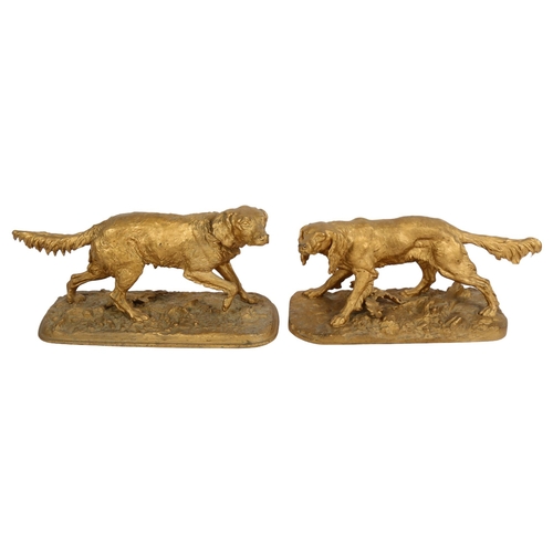 878 - A pair of gilded spelter Gundogs on naturalistic plinths, L31cm