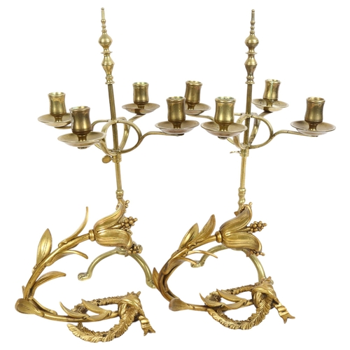 881 - A pair of 4-branch candelabra, 40cm, and a pair of gilt-brass wall lights with foliate and fruit des... 