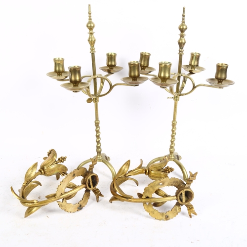 881 - A pair of 4-branch candelabra, 40cm, and a pair of gilt-brass wall lights with foliate and fruit des... 