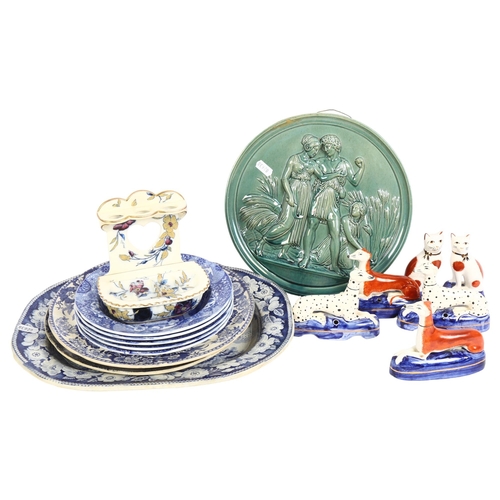 884 - Dog and cat ornaments, a Victorian toothbrush holder, H14cm, Spode Italian and other blue and white ... 