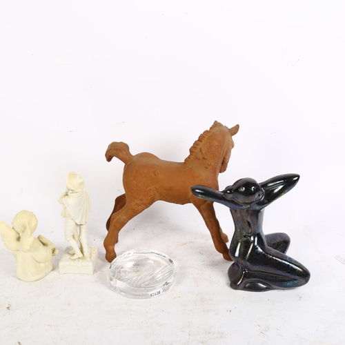 885 - A terracotta foal, H20cm, an angel, a musician, a glass bird, and an Art Deco style lustre figure