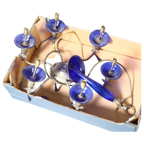 888 - A brass 6-branch chandelier, with blue glass fitments