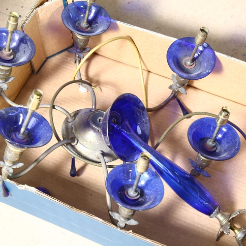 888 - A brass 6-branch chandelier, with blue glass fitments