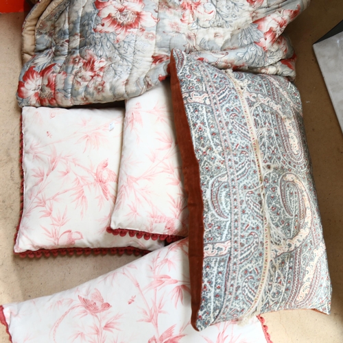 898 - A set of three late 19th century bird and bamboo toile cushions with vintage trim and feather inners... 