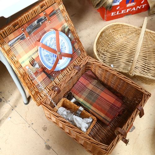 901 - A Pimm's wicker picnic hamper and contents, a basket and a lidded wicker container