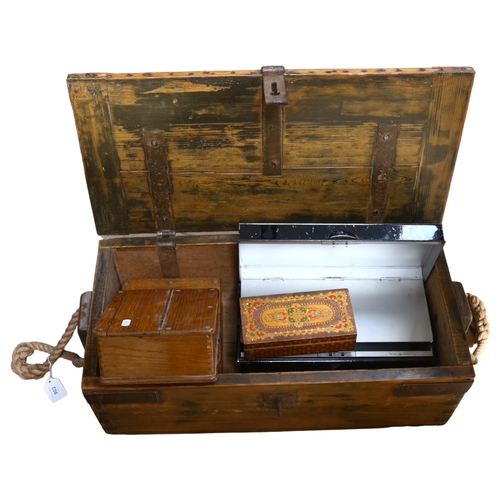 902 - A pine box with rope handles, L63cm, a Deed box, and 3 wooden boxes