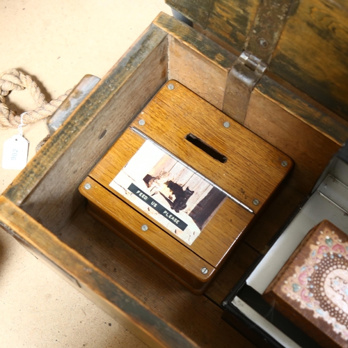 902 - A pine box with rope handles, L63cm, a Deed box, and 3 wooden boxes