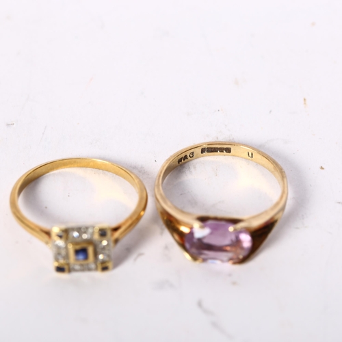 1220 - An unmarked gold dress ring, square top inset with diamonds and sapphires, size P, and a 9ct gold an... 