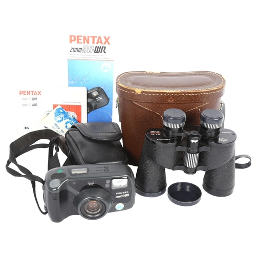 622 - A Pentax zoom 90-WR film camera and case (GWO) and pair of swift Saratoga 8x40 binoculars 801, cased... 