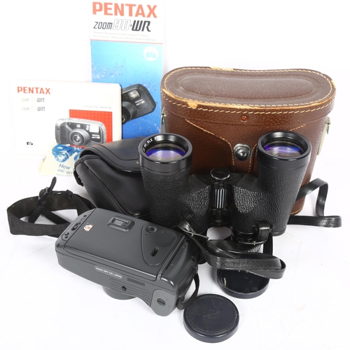 622 - A Pentax zoom 90-WR film camera and case (GWO) and pair of swift Saratoga 8x40 binoculars 801, cased... 