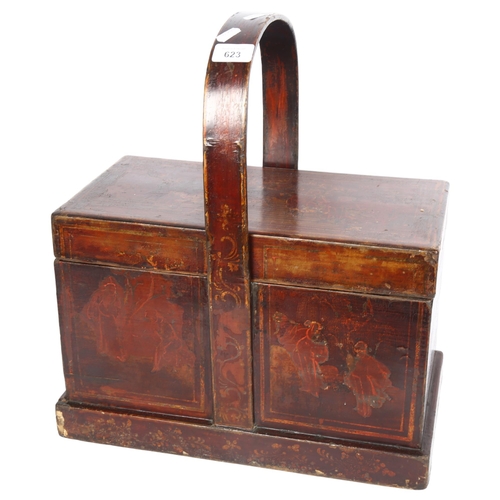 623 - An elm Chinese food carry case with floral banding and decoration. 41x47x23cm. Hidden drawer to base... 