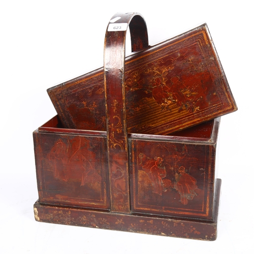 623 - An elm Chinese food carry case with floral banding and decoration. 41x47x23cm. Hidden drawer to base... 