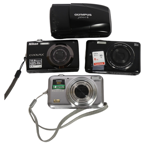 628 - An Olympus MJU-II, Fujifilm JX660 finepix, Fujifilm JX200, Nikon Coolpix S3000, Various associated c... 