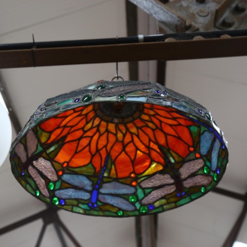 650 - A Tiffany style lead and coloured glass ceiling light shade, with floral and dragonfly decoration. D... 