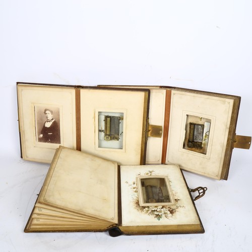 657 - 3 Victorian embossed gilded and tooled leather musical photograph albums, 1 including some carte de ... 