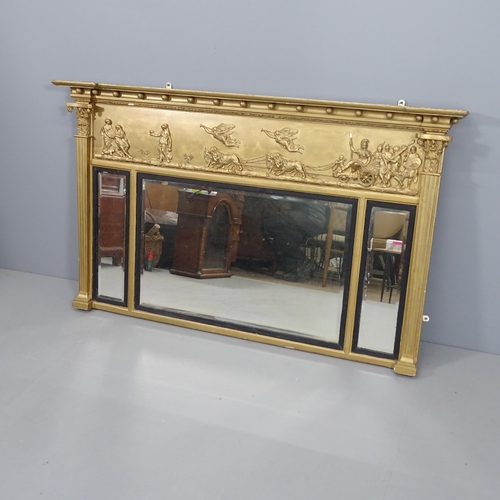 2289 - An antique gilt-painted overmantel mirror with applied carved decoration. 148x89cm.