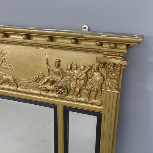 2289 - An antique gilt-painted overmantel mirror with applied carved decoration. 148x89cm.