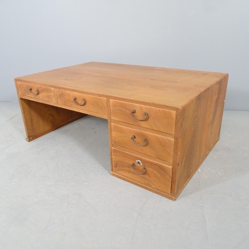 2703 - A Japanese pine low writing table with five drawers. 88x36x58cm.