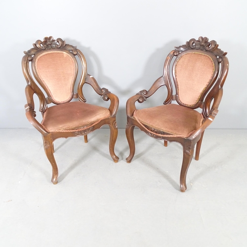 2708 - A pair of continental mahogany and upholstered parlour chairs.