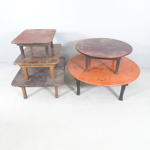 2716 - Two Japanese circular lacquered folding tables, largest 89x30cm, and three rectangular folding table... 