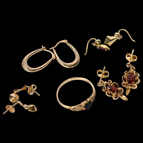 1207 - A pair of 9ct hoop design earrings, 3 pairs of 9ct gold and stone set earrings, and a 9ct gold and o... 