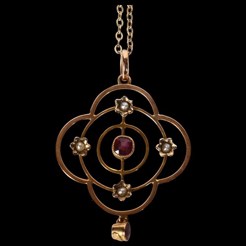 1208 - A delicate 9ct gold seed pearl and amethyst set pendant and chain, 3.2g