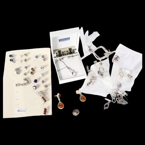 1202 - A collection of various modern silver stone set earrings, tie pin and a silver and pearl set pendant... 