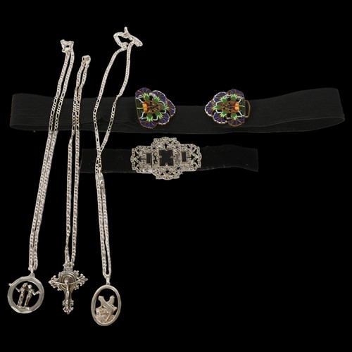 1200 - 3 silver necklaces and pendants, a Vintage enamelled nurse's buckle, and an Art Deco buckle