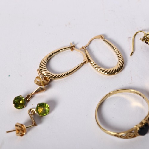 1207 - A pair of 9ct hoop design earrings, 3 pairs of 9ct gold and stone set earrings, and a 9ct gold and o... 