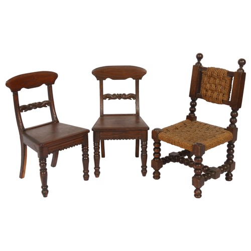 667 - A pair of apprentice piece doll's chairs, and a bobbin turned oak doll's chair (3)