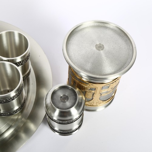 670 - A collection of Selwin pewter, including 6 goblets, pair of tankards, coffee pot and serving tray