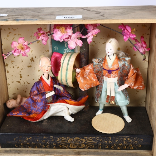 686 - 3 Japanese National doll groups, pine cased