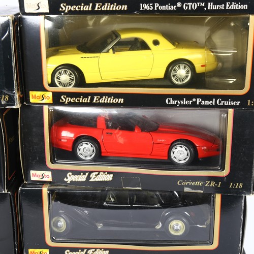 67 - Maisto - Quantity of diecast vehicles in boxes and on stands, 1:18 scale, including Porsche 550 Spyd... 