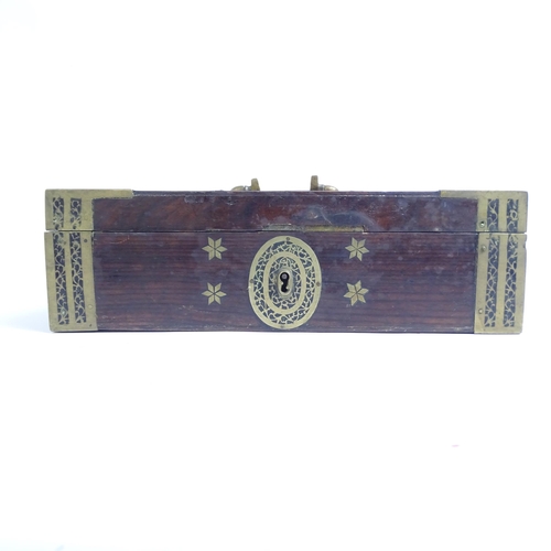 343 - A 19th century Anglo-Indian teak and brass-bound travelling stationery/writing box, with brass carry... 