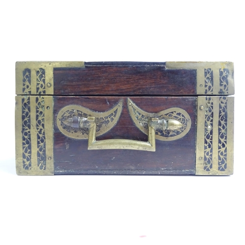 343 - A 19th century Anglo-Indian teak and brass-bound travelling stationery/writing box, with brass carry... 