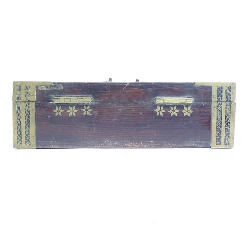 343 - A 19th century Anglo-Indian teak and brass-bound travelling stationery/writing box, with brass carry... 