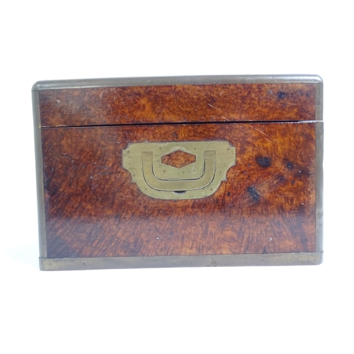 575 - A Victorian brass-bound and burr-walnut gentleman's travelling vanity box, L30cm, H15cm, D23cm