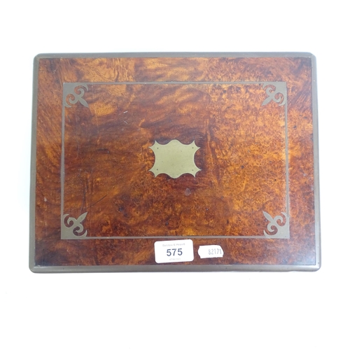 575 - A Victorian brass-bound and burr-walnut gentleman's travelling vanity box, L30cm, H15cm, D23cm