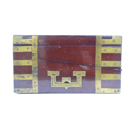 576 - A Victorian mahogany and brass-bound travelling writing slope, L36cm, H13cm, D26cm