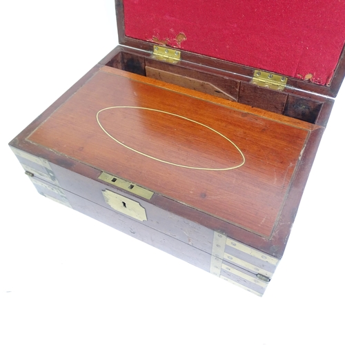 576 - A Victorian mahogany and brass-bound travelling writing slope, L36cm, H13cm, D26cm