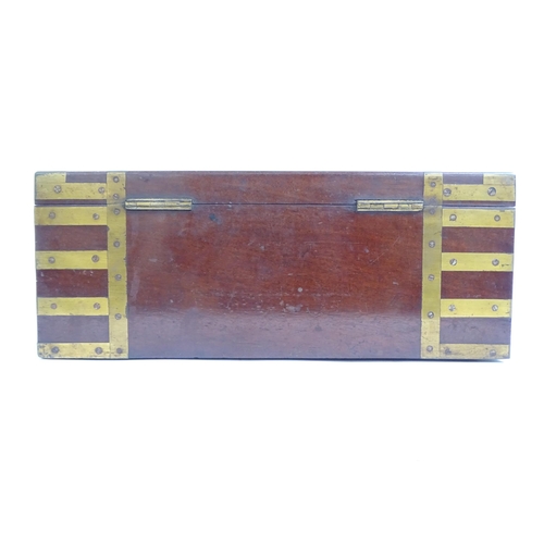 576 - A Victorian mahogany and brass-bound travelling writing slope, L36cm, H13cm, D26cm