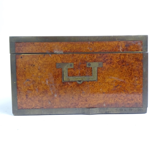 580 - 2 similar Victorian storage boxes, brass-bound and burr-walnut, largest length 32cm, H40cm, D24cm