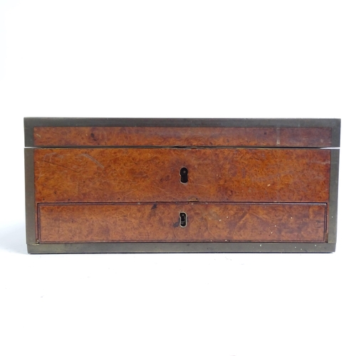 580 - 2 similar Victorian storage boxes, brass-bound and burr-walnut, largest length 32cm, H40cm, D24cm