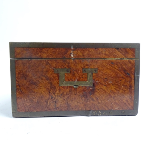 580 - 2 similar Victorian storage boxes, brass-bound and burr-walnut, largest length 32cm, H40cm, D24cm