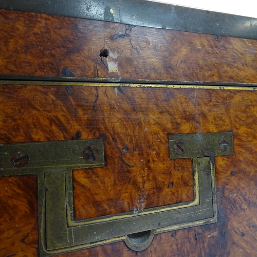 580 - 2 similar Victorian storage boxes, brass-bound and burr-walnut, largest length 32cm, H40cm, D24cm