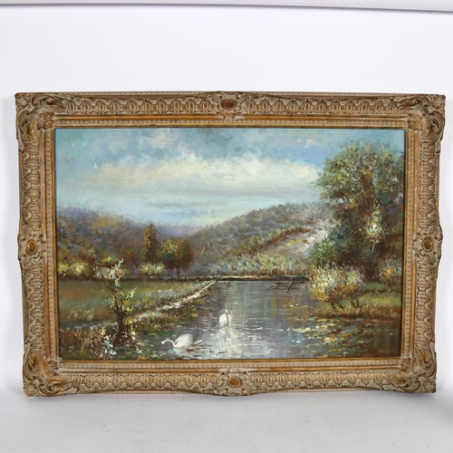 2801 - A Harland, oil on canvas, swans of the river, image 50cm x 74cm, 65cm x 90cm overall, gilt-framed