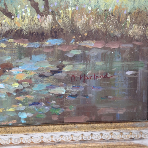 2801 - A Harland, oil on canvas, swans of the river, image 50cm x 74cm, 65cm x 90cm overall, gilt-framed