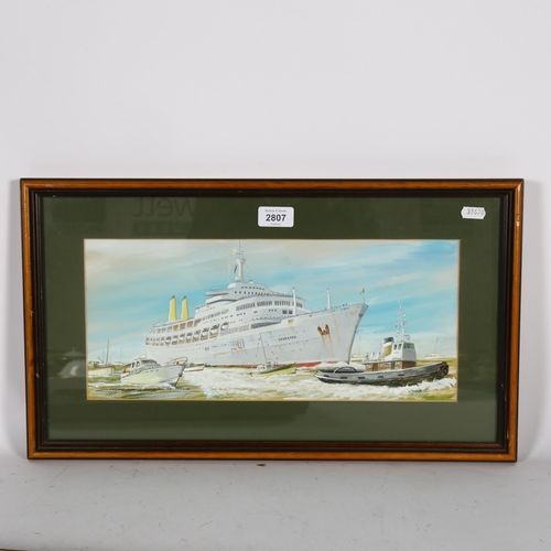 2807 - Ron Milsom, watercolour, study of the P&O liner Canberra returning from the Falklands, image 18cm x ... 