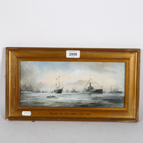 2808 - An overpainted colour print on board, review of the home fleet 1907, 20cm x 38cm overall, framed